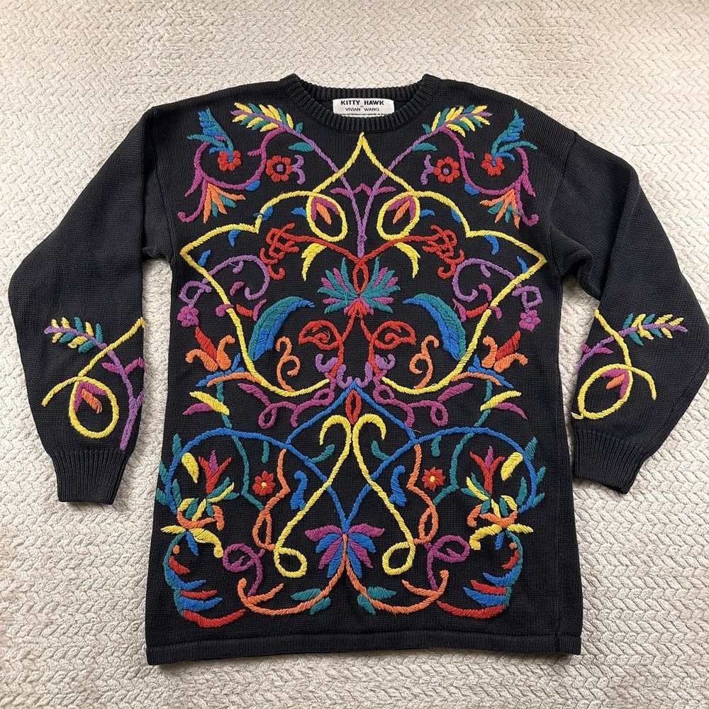 Vintage 3D Knit Floral Sweater Embroidered Womens Medium Festival BOHO 80's 90's